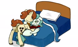 Size: 2454x1495 | Tagged: explicit, oc, oc:emerald jewel, oc:giles pecan, age difference, anal, anus, balls, bed, big dom small sub, blushing, butt, colt, colt quest, earth pony, foal, foalcon, from front, gay, imported from derpibooru, large penetration, male, male oc, missionary position, nudity, oc only, penis, pillow, plot, pony, pony on pony action, sex, shipping, short mane, spread legs, spreading, stallion, stallion on colt