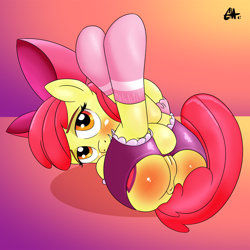 Size: 2480x2480 | Tagged: explicit, artist:caliginousmane, apple bloom, anus, bedroom eyes, blushing, clothes, earth pony, female, foalcon, g4, high res, human vulva on pony, imported from derpibooru, legwear, nudity, ponut, pony, sexy, socks, solo, solo female, thigh highs, vagina