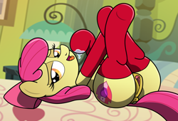 Size: 2500x1700 | Tagged: explicit, artist:an-tonio, artist:pananovich, apple bloom, anatomically correct, anus, bed, bedroom eyes, bloom butt, butt, clitoris, clothes, color edit, colored, dock, earth pony, edit, female, foalcon, g4, heart clitoris, imported from derpibooru, legwear, looking at you, nudity, on back, plot, ponut, pony, presenting, socks, solo, solo female, thigh highs, vulva, vulvar winking