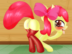 Size: 1280x960 | Tagged: explicit, artist:an-m, apple bloom, anus, clothes, drool, female, foalcon, g4, imported from derpibooru, nudity, panties, panties around legs, presenting, socks, solo, solo female, underwear, vulva