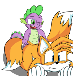 Size: 3800x4000 | Tagged: explicit, artist:foxkai, spike, all fours, anal, anthro, crossover, dragon, duo, foalcon, fox, g4, gay, imported from derpibooru, male, miles "tails" prower, mobian, nudity, one eye closed, one eye open, open mouth, pain, painal, penis, sex, shipping, simple background, smiling, sonic the hedgehog (series), spiketails, white background, wingless spike