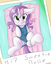 Size: 2000x2500 | Tagged: explicit, artist:fearingfun, artist:princess-katie, sweetie belle, clothes, crotchboobs, cute, cute porn, dead source, diasweetes, female, filly, foal, foalcon, g4, high res, horn, imported from derpibooru, nudity, pony, solo, solo female, swimsuit, swimsuit aside, unicorn, vulva