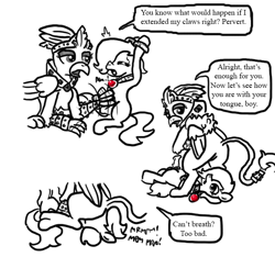 Size: 640x600 | Tagged: explicit, artist:ficficponyfic, oc, oc:damia silverbill, oc:emerald jewel, balls, bondage, butt, clawjob, colt, colt quest, comic, cuffs, cunnilingus, facesitting, femdom, foal, foalcon, griffon, handjob, imported from derpibooru, interspecies, male, nudity, oc only, oral, penis, plot, pony, pony on griffon action, prostitute, prostitution, sex, shipping
