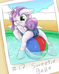 Size: 2000x2500 | Tagged: questionable, artist:fearingfun, artist:princess-katie, sweetie belle, beach ball, butt, cameltoe, clothes, cute, dead source, female, fetish, foalcon, g4, high res, imported from derpibooru, inflatable, inflatable fetish, one-piece swimsuit, plot, pony, solo, solo female, source needed, swimsuit, unicorn, useless source url, wet, wet mane