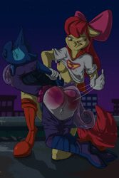 Size: 1000x1500 | Tagged: explicit, artist:fuf, apple bloom, sweetie belle, anthro, ass, breasts, bruised, butt, earth pony, erect nipples, female, foalcon, g4, imported from derpibooru, mare do well, masked, nipples, nudity, over the knee, realistic horse legs, spanking, supergirl, superhero, sweetie butt, sweetie do well, vulva
