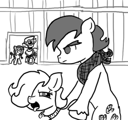 Size: 640x600 | Tagged: questionable, artist:ficficponyfic, oc, oc:emerald jewel, oc:giles pecan, oc:praline, age difference, anal, caught, colt, colt quest, female, femboy, filly, foal, foalcon, gay, guard, imported from derpibooru, looking pleasured, male, mind control, obscured penetration, oc only, penetration, pony, pony on pony action, sex, softcore, stallion, stallion on colt, trap