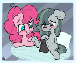 Size: 1348x1113 | Tagged: explicit, artist:ratiodaze, pinkie pie, belly button, blushing, cute, cute porn, dildo, earth pony, female, filly, filly marble pie, filly pinkie pie, floppy ears, foal, foalcon, g4, horsecock dildo, imported from derpibooru, marble pie, not futa, nudity, pie sisters, pie twins, pillow, pony, sex toy, twins, vulva, vulva blush, younger