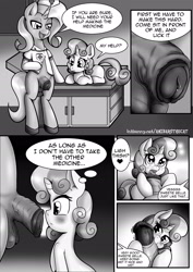 Size: 1860x2622 | Tagged: explicit, artist:anibaruthecat, sweetie belle, oc, oc:cobalt, comic:cutiemark check-up, becoming erect, bipedal, blank flank, blowjob, breasts, canon x oc, comic, female, femboy, flaccid, foalcon, g4, imported from derpibooru, licking, licking cock, male, monochrome, nudity, open mouth, oral, penis, pony, precum, semi-erect, sex, shipping, straight, this will end in jail time, tongue out, vein, vein bulge, veiny cock