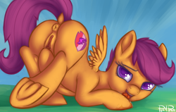 Size: 2560x1625 | Tagged: explicit, artist:ponypeon, scootaloo, anatomically correct, anus, ass up, bedroom eyes, clitoris, crusaders of the lost mark, cutie mark, face down ass up, female, filly, foal, foalcon, g4, imported from derpibooru, licking, my little pony: friendship is magic, nudity, open mouth, pegasus, ponut, pony, presenting, solo, solo female, the cmc's cutie marks, tongue out, underhoof, vaginal secretions, vulva