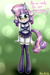 Size: 2000x3000 | Tagged: explicit, artist:anibaruthecat, sweetie belle, anthro, banned from derpibooru, belly button, blushing, clothes, dialogue, ear fluff, female, foalcon, foaldom, g4, high res, imminent foalcon, imported from derpibooru, imported from twibooru, legwear, lolicon, looking at you, panties, panties around legs, panties pulled down, solo, solo female, stockings, sweetiedom, thigh highs, underage, underwear, unguligrade anthro, vaginal secretions, yellow underwear