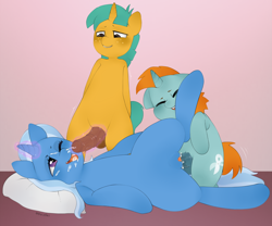 Size: 1280x1064 | Tagged: explicit, artist:oouichi, creampie, cum, cum on nose, cumming, facial, female, foalcon, g4, group sex, horsecock, imported from derpibooru, lip bite, looking at each other, magic, magical stimulation, magicjob, male, mare, nudity, one eye closed, open mouth, penis, pony, sex, ship:trails, ship:trips, shipping, snails, snips, straight, straight shota, threesome, tongue out, trio, trixie, trixie's fans, unicorn, vaginal secretions, wet