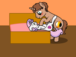 Size: 1280x960 | Tagged: explicit, artist:peternsfw, sweetie belle, oc, oc:heroic armour, bed, belly button, canon x oc, eyelashes, female, foalcon, g4, imported from derpibooru, male, missionary position, nudity, penetration, penis, pony, reasonably sized genitals, sex, shipping, stallion on filly, straight, unicorn, vaginal