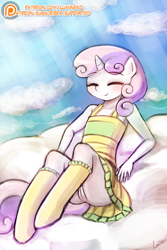 Size: 750x1125 | Tagged: explicit, artist:lumineko, sweetie belle, anthro, banned from derpibooru, bottomless, clothes, dress, edit, female, foalcon, g4, imported from derpibooru, imported from twibooru, lolicon, no panties, nude edit, nudity, partial nudity, partial nudity edit, patreon, patreon logo, skirt, solo, solo female, underage, upskirt, vulva
