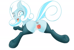 Size: 1920x1280 | Tagged: explicit, artist:an-m, oc, oc:snowdrop, 2021, anal insertion, anus, butt, clothes, female, filly, foal, foalcon, imported from derpibooru, insertion, nudity, oc only, old art, pegasus, plot, pony, pony oc, sex toy, simple background, socks, solo, solo female, tongue out, vaginal secretions, vibrator, white background