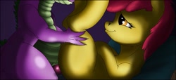 Size: 1427x653 | Tagged: explicit, artist:exelzior, apple bloom, spike, dragon, female, foalcon, g4, imported from derpibooru, male, missionary position, nudity, on back, penetration, penis, sex, ship:spikebloom, shipping, straight, vaginal