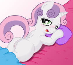 Size: 4000x3532 | Tagged: explicit, artist:an-tonio, artist:lord waite, sweetie belle, anus, blank flank, blushing, colored, dock, female, foalcon, g4, imported from derpibooru, nudity, pillow, show accurate, show accurate porn, solo, solo female, vulva