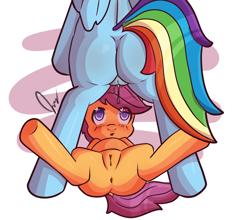 Size: 1082x952 | Tagged: explicit, artist:anonjg, rainbow dash, scootaloo, anus, blushing, butt, clitoris, female, filly, foal, foalcon, g4, heart, imminent sex, imported from derpibooru, lesbian, mare, mare on filly, nudity, pegasus, plot, pony, rainbutt dash, ship:scootadash, shipping, spread legs, spreading, underhoof, vaginal secretions, vulva