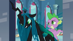 Size: 1067x600 | Tagged: explicit, queen chrysalis, spike, a canterlot wedding, dragon, edit, edited screencap, female, foalcon, g4, imported from derpibooru, male, my little pony: friendship is magic, screencap, ship:chryspike, shipping, show accurate, show accurate porn, stool, straight, vector