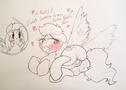 Size: 1098x782 | Tagged: explicit, artist:squeanus, rainbow dash, scootaloo, ahegao, blushing, butt, cutie mark, dead source, dialogue, dock, estrus, female, females only, foalcon, g4, heart, heart eyes, imported from derpibooru, lesbian, looking back, nudity, on side, open mouth, partial color, plot, scootabutt, ship:scootadash, shipping, smiling, sweat, sweating towel guy, vaginal secretions, vulva, wingboner, wingding eyes, wings