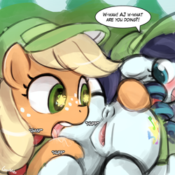 Size: 750x750 | Tagged: explicit, artist:lumineko, applejack, anus, awkward, butt, butt bite, coloratura, coloraturump, dialogue, drool, duo, duo female, earth pony, eyes on the prize, female, filly, filly coloratura, floppy ears, foal, foalcon, freckles, g4, glowing cutie mark, glowing plot, heavy breathing, imported from derpibooru, lesbian, looking at butt, looking back, mare, my little pony: friendship is magic, nudity, open mouth, panting, plot, ponut, pony, raised tail, rara, scene interpretation, season 5, sex noises, ship:rarajack, shipping, that was fast, the mane attraction, vaginal secretions, vulva, wide eyes, wingding eyes, younger