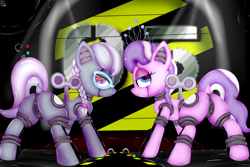 Size: 1280x853 | Tagged: explicit, artist:paulpeopless, diamond tiara, silver spoon, butt, charging, diamond buttiara, dock, female, foalcon, g4, imported from derpibooru, loading bay, looking at you, no anus, plot, pony, presenting, rear port, robot, robot pony, silverbutt, wind up key