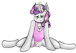 Size: 1920x1340 | Tagged: explicit, artist:djpon2n, sweetie belle, arm hooves, breasts, chest fluff, cleavage, clitoris, female, foalcon, g4, imported from derpibooru, leotard, magic, nudity, presenting, semi-anthro, solo, solo female, splits, spread legs, spreading, telekinesis, unicorn, vulva