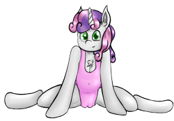 Size: 1920x1340 | Tagged: questionable, artist:djpon2n, sweetie belle, arm hooves, breasts, cameltoe, chest fluff, cleavage, female, foalcon, g4, imported from derpibooru, leotard, semi-anthro, solo, solo female, splits, spread legs, spreading, unicorn