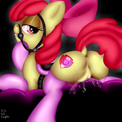 Size: 1280x1280 | Tagged: explicit, artist:paulpeopless, apple bloom, bridle, butt, clothes, crusaders of the lost mark, cutie mark, earth pony, female, foalcon, g4, imported from derpibooru, legwear, lip bite, looking at you, my little pony: friendship is magic, nudity, plot, pony, saddle, solo, solo female, the cmc's cutie marks, thigh highs, vaginal secretions, vulva