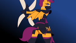 Size: 1600x900 | Tagged: explicit, artist:fibs, scootaloo, anthro, clothes, costume, female, foal, foalcon, fuma shuriken, g4, imported from derpibooru, nightmare night, ninja, nudity, pegasus, solo, solo female, vagina, weapon