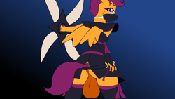 Size: 1600x900 | Tagged: explicit, artist:fibs, scootaloo, anthro, anus, balls, big balls, clothes, costume, dickgirl, equine, foal, foalcon, fuma shuriken, futa, futa scootaloo, g4, imported from derpibooru, intersex, nightmare night, ninja, nudity, pegasus, penis, scootanuki, solo, solo futa, weapon