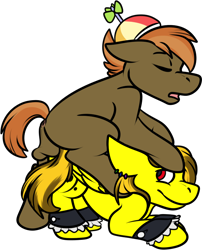 Size: 695x861 | Tagged: explicit, artist:colesense, artist:uselesslizard, button mash, oc, anus, balls, canon x oc, colt, colt on colt, cuffs (clothes), doggy style, earring, eyes closed, foal, foalcon, from behind, g4, gay, hat, imported from derpibooru, looking back, male, nudity, oc name needed, piercing, pony, sex, shipping, simple background, source needed, transparent background, useless source url