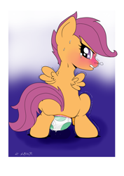 Size: 1737x2455 | Tagged: explicit, artist:kyokimute, scootaloo, anus, blushing, butt, egg, egg laying, female, filly, foal, foalcon, g4, imported from derpibooru, impossible fit, lip bite, momma scoots, nudity, oviposition, pegasus, plot, pony, scootachicken, solo, solo female, squatting, sweat, vaginal secretions