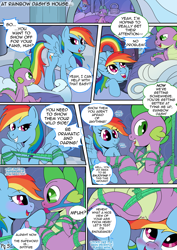 Size: 1771x2508 | Tagged: explicit, artist:kyokimute, rainbow dash, spike, comic:to all my fans..., anus, ballgag, blushing, bondage, comic, dialogue, female, femdom, foalcon, g4, gag, getting gagged, imported from derpibooru, mare, nudity, pegasus, pony, porn, rope, rope bondage, ropes, speech bubble, suspension bondage