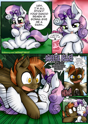 Size: 1860x2622 | Tagged: explicit, artist:anibaruthecat, button mash, sweetie belle, comic:cat's delicacy, body swap, caught, colt, comic, cum, dirty talk, facial, female, filly, foal, foalcon, g4, horn, horny, implied interspecies, imported from derpibooru, male, nudity, opalescence, penis, pony, sarcasm, ship:sweetiemash, shipping, straight, underhoof, unicorn, vulgar