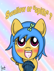 Size: 1272x1670 | Tagged: explicit, artist:grinch, oc, oc:lymle dragonfly, blowjob, braces, cum, cum in mouth, female, filly, foal, foalcon, horsecock, imported from derpibooru, male, nudity, oc only, offscreen character, oral, penis, sex, smiling, straight, wingboner