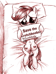 Size: 624x825 | Tagged: questionable, artist:jaxonian, scootaloo, adorasexy, ask fapplebloom, bed, big breasts, big crotchboobs, crotchboobs, cute, erect nipples, female, foalcon, g4, huge breasts, huge crotchboobs, imported from derpibooru, impossibly large crotchboobs, monochrome, nipples, nudity, oppai loli, pillow, pony, puppy dog eyes, sexy, sign, solo, solo female, traditional art