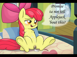 Size: 1600x1200 | Tagged: explicit, artist:facelessjr, apple bloom, aftersex, bedroom, blushing, creampie, cum, earth pony, edit, female, filly, foal, foalcon, g4, implied straight, imported from derpibooru, leaking, nudity, pony, puddle, solo, solo female, speech, sweat, underhoof, vulva
