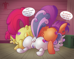 Size: 1500x1200 | Tagged: explicit, artist:blargsnarf, apple bloom, scootaloo, spike, sweetie belle, anus, ass up, bedroom eyes, bloom butt, butt, candy vag, crusaders of the lost mark, cutie mark, cutie mark crusaders, dialogue, dock, dragon, edit, face down ass up, female, flashing, foalcon, g4, grin, implied crusadespike, implied scootaspike, implied shipping, implied spike, implied spikebelle, implied spikebloom, implied straight, imported from derpibooru, looking at you, looking back, lucky bastard, male, my little pony: friendship is magic, nudity, offscreen character, open mouth, pile, plot, plot pile, ponut, pony, presenting, prone, raised tail, scootabutt, ship:crusadespike, ship:scootaspike, ship:spikebelle, ship:spikebloom, shipping, smiling, speech bubble, straight, sweetie butt, technicolor genitals, text, text edit, the ass was fat, the cmc's cutie marks, vulva
