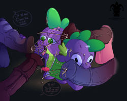 Size: 1500x1200 | Tagged: explicit, artist:blargsnarf, spike, balls, blowbang, blowjob, bukkake, clothes, costume, cum, cum in mouth, cumming, dialogue, disembodied penis, double handjob, dragon, foalcon, g4, gangbang, gay, group sex, halloween, handjob, horsecock, imported from derpibooru, male, nudity, offscreen character, oral, penis, penis size difference, sex, size difference, tongue out