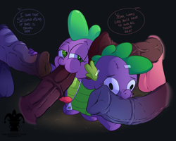 Size: 1500x1202 | Tagged: explicit, artist:blargsnarf, spike, balls, blowbang, blowjob, clothes, costume, dialogue, disembodied penis, double handjob, dragon, dragon costume, foalcon, g4, gangbang, gay, group sex, halloween, handjob, horsecock, hydraspike, imported from derpibooru, male, my little pony: friendship is magic, nightmare night costume, no exceptions, nudity, offscreen character, oral, penis, penis size difference, scare master, sex, size difference, two-headed dragon