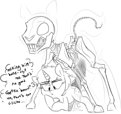 Size: 824x777 | Tagged: explicit, artist:whydomenhavenipples, oc, oc:deep blue, age difference, bone, bored sex, cum, cumming, cyoa, dialogue, female, female oc, filly, foal, foal quest, foalcon, ghost, imported from derpibooru, lineart, looking down, male, monochrome, oc only, pony, pony oc, pony on pony action, pun, ribcage, sex, simple background, skeleton, skeleton pony, spine, stallion, stallion on filly, straight, thought bubble, unicorn, white background