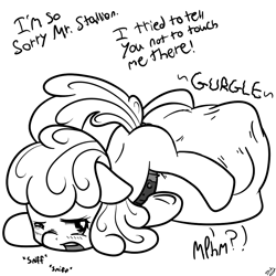 Size: 1024x1024 | Tagged: explicit, artist:oakenchi, oc, oc:snozberry swirl, accidental vore, anus, balls, blushing, cock vore, crying, dialogue, digestion, fetish, foal, foalcon, futa, futa filly, futa oc, futa on male, futa pred, horsecock, imported from derpibooru, impossibly large balls, intersex, male, monochrome, nudity, oc only, penis, pony, solo, solo futa, struggling, vore