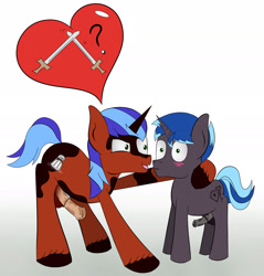 Size: 1697x1777 | Tagged: explicit, artist:fortes-feather, oc, oc:lock down, oc:salty sparkle, age difference, blushing, colt, erection, foal, foalcon, gay, horsecock, imminent sex, imported from derpibooru, male, nudity, oc only, penis, pony, speech bubble, stallion, stallion on colt, sword, weapon