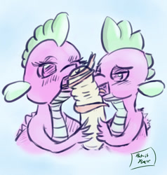 Size: 823x865 | Tagged: explicit, artist:post-it, spike, barb, bisexual, blowjob, disembodied penis, double blowjob, dragon, foalcon, g4, gay, imported from derpibooru, licking cock, long tongue, male, male pov, multiple blowjob, nudity, offscreen character, oral, penis, pov, prehensile tongue, rule 63, sex, straight, tongue out