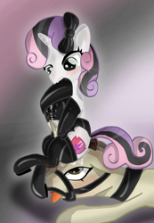 Size: 2215x3197 | Tagged: explicit, artist:jonathan the awesome, sweetie belle, oc, oc:jona clay, ahegao, bdsm, bridle, clothes, collar, corset, crusaders of the lost mark, cutie mark, derpibooru exclusive, dominatrix, femdom, foalcon, foaldom, g4, garter belt, grinding, high res, hoof biting, horn, hornjob, imported from derpibooru, latex, leather jacket, leather straps, legwear, malesub, my little pony: friendship is magic, open mouth, stockings, submissive, sweetiedom, the cmc's cutie marks, thigh highs, tongue out, vaginal secretions