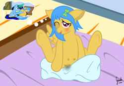 Size: 1746x1212 | Tagged: explicit, artist:grinch, oc, oc:lymle dragonfly, oc:swift blade, clitoris, crotchboobs, delicious flat crotch, female, filly, floppy ears, foal, foalcon, imported from derpibooru, masturbation, nipples, nudity, oc only, pegasus, penis, pillow humping, pony, teats, vagina, vaginal secretion stain, vaginal secretions, wingboner