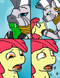 Size: 1280x1646 | Tagged: explicit, artist:pony quarantine, apple bloom, oc, oc:anon, bisexual, blowjob, comic, creampie, cum, cum in mouth, cum swapping, female, filly, foal, foalcon, g4, human, human male, human male on mare, human on pony action, human on zebra action, imported from derpibooru, interspecies, lesbian, male, mare, my little pony: friendship is magic, nudity, oral, oral creampie, penis, pony, scene interpretation, sex, ship:zecobloom, snowballing, straight, the cutie pox, zebra, zecora