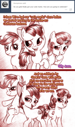 Size: 792x1346 | Tagged: questionable, artist:jaxonian, apple bloom, scootaloo, sweetie belle, 2 panel comic, ask, ask fapplebloom, bedroom eyes, butt, comic, crotchboobs, cutie mark crusaders, dialogue, earth pony, female, filly, foal, foalcon, g4, imported from derpibooru, looking at you, nipples, nudity, open mouth, pegasus, plot, pony, sex toy, smiling, tumblr, unicorn