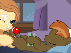 Size: 724x541 | Tagged: explicit, artist:tiarawhy, button mash, oc, oc:cream heart, age difference, button mash's milf quest, button's adventures, canon x oc, colt, controller, cum, earth pony, earth pony oc, female, foal, foalcon, funny porn, g4, imported from derpibooru, incest, joystick, male, mare, mother and child, mother and son, pony, ship:buttoncest, shipping, show accurate, show accurate porn, straight, straight shota