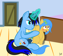 Size: 1438x1272 | Tagged: explicit, artist:grinch, oc, oc:lymle dragonfly, oc:swift blade, anus, clitoral stimulation, clitoris, cum, cumming, female, filly, foal, foalcon, horsecock, imported from derpibooru, insertion, magic, magical stimulation, male, nudity, oc only, oc x oc, pegasus, penis, pony, sex, shipping, stallion on filly, straight, unicorn, vaginal, vaginal insertion, vaginal secretions, vulva